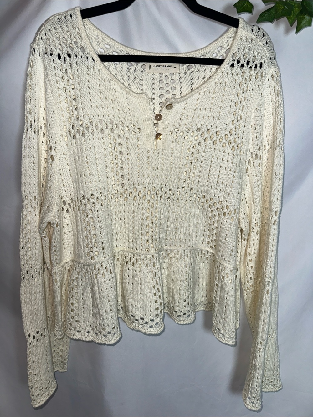 Lucky Brand Cream Open-Knit Peplum Henley Sweater